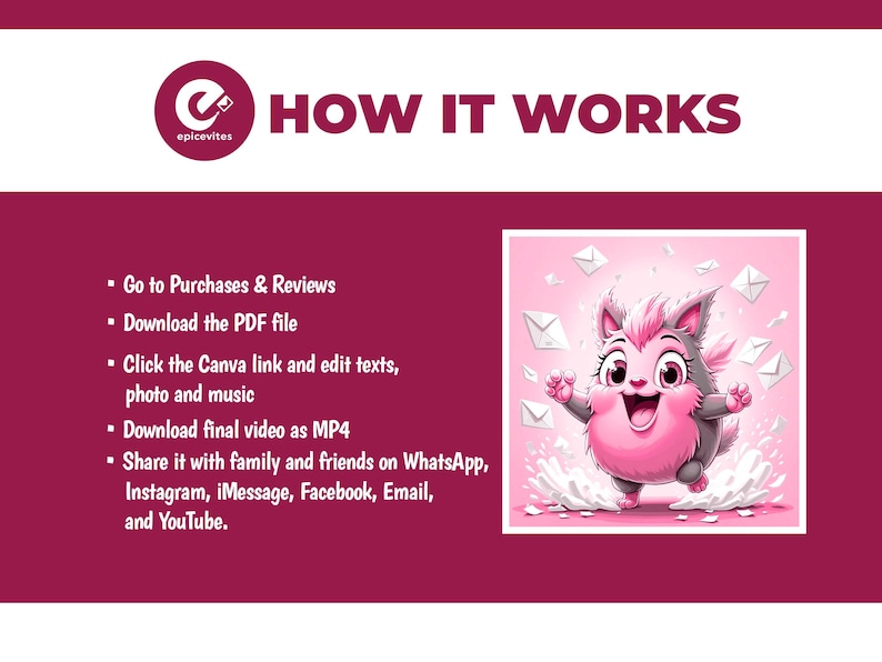 May include: A maroon and white instructional graphic titled HOW IT WORKS with the epicevites logo. It lists five steps for downloading and editing a digital file, featuring an illustration of a pink and gray creature surrounded by white envelopes.