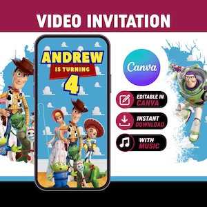 Może przedstawiać: Cyfrowe zaproszenie wideo z postaciami z filmu Toy Story. Zaproszenie jest na 4. urodziny Andrew i zawiera tekst "Video Invitation". Projekt zawiera logo Canva i ikony do edycji, pobierania i muzyki.