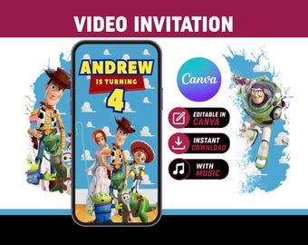 May include: A digital video invitation featuring characters from the Toy Story movie. The invitation is for Andrew's 4th birthday and includes the text "Video Invitation". The design includes the Canva logo and icons for editing, downloading, and music.