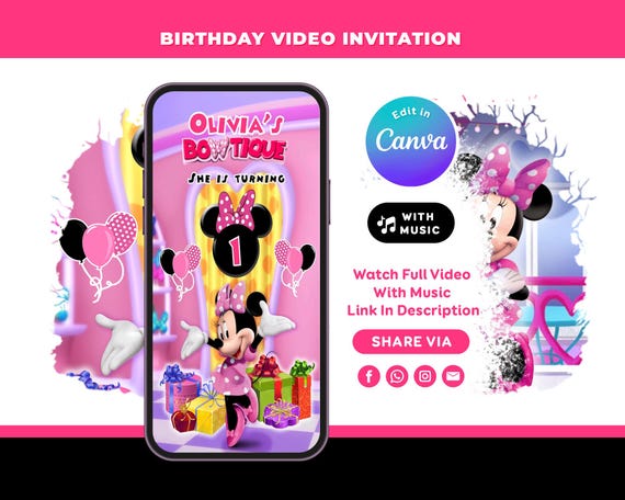 Pink Minnie Mouse Invitation | Oh Twodles 2nd Birthday Invite | Editable Canva Template