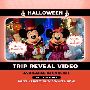 Puede incluir: Imagen promocional con tem&aacute;tica de Halloween con Mickey y Minnie Mouse disfrazados. La imagen incluye el texto "Halloween", "Happy Halloween", "Trip Reveal Video" y "Available in English".