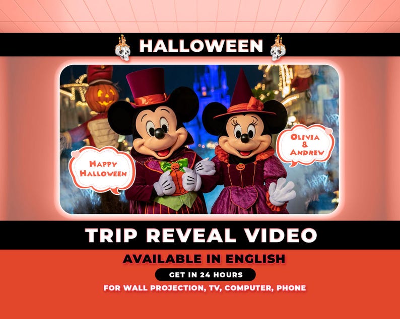 Puede incluir: Imagen promocional con tem&aacute;tica de Halloween con Mickey y Minnie Mouse disfrazados. La imagen incluye el texto "Halloween", "Happy Halloween", "Trip Reveal Video" y "Available in English".
