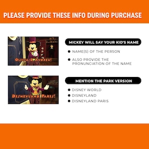 Puede incluir: Gr&aacute;fico naranja con texto que dice "POR FAVOR, PROPORCIONE ESTA INFORMACI&Oacute;N DURANTE LA COMPRA". Debajo hay dos im&aacute;genes de Mickey Mouse. El texto incluye "MICKEY WILL SAY YOUR KID'S NAME" y "MENCIONA LA VERSI&Oacute;N DEL PARQUE".