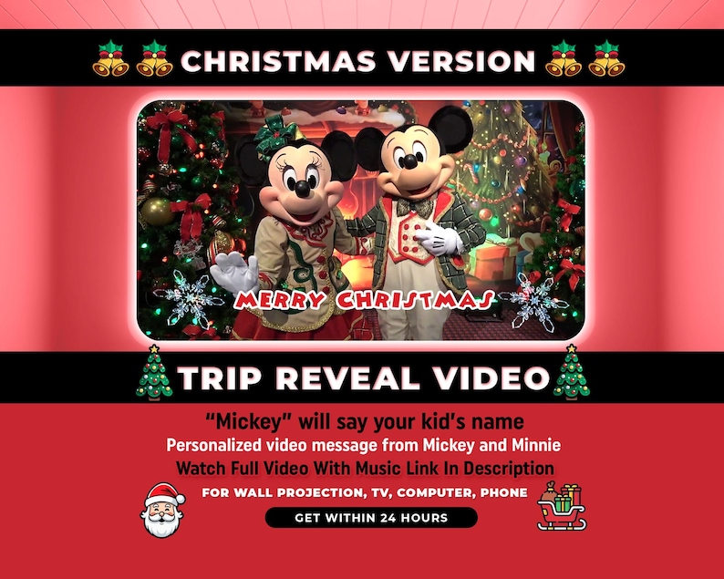 Może przedstawiać: Obraz promocyjny dla świątecznego filmu z ujawnieniem podr&oacute;ży z Myszka Miki i Minnie. Wyświetlany jest tekst "CHRISTMAS VERSION" i "MERRY CHRISTMAS". Film obiecuje spersonalizowaną wiadomość dla dzieci.