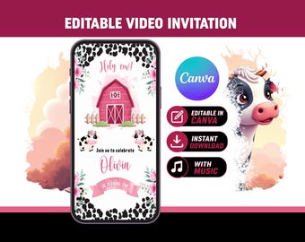 Holy Cow Video Invitation | Cowgirl 1st Birthday | Editable Canva Template