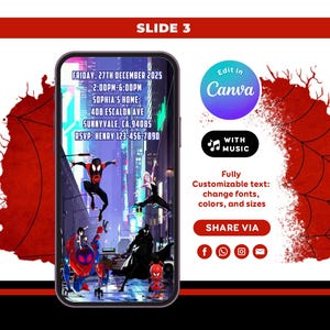 May include: A digital invitation template displayed on a smartphone screen featuring Spider-Man characters in a city setting. The text includes event details for 27th December 2025, at 408 Escalon Ave, Sunnyvale, CA. Includes Canva editing icons.