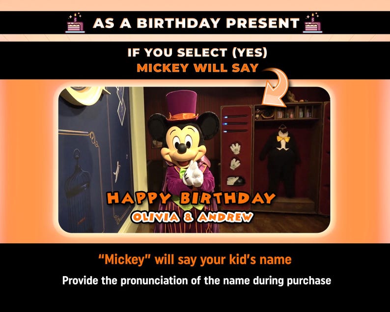 Puede incluir: Imagen promocional con Mickey Mouse vestido de morado y rosa. El texto dice "HAPPY BIRTHDAY OLIVIA & ANDREW" y "Mickey dir&aacute; el nombre de tu hijo." El fondo es naranja y negro.
