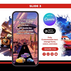 May include: A digital invitation template featuring characters from the movie Cars, including Lightning McQueen and Mater. The smartphone screen displays event details: Friday, 27 December 2025, 2:00pm-6:00pm, Fun Park, 408 Escalon Ave, Sunnyvale, CA 94085, RSVP 123 456 7890.