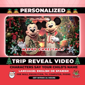 Gepersonaliseerde video verrassingsreis, aangepast bericht van Mickey en Minnie Mouse, kerstverrassingsreis onthulling, magische reisonthulling