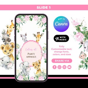 May include: A digital invitation design featuring watercolor illustrations of safari animals, including giraffes, lions, and elephants, arranged around a smartphone. The design includes the text "Calling all PARTY ANIMALS" and Canva branding.