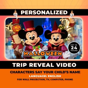 Puede incluir: Imagen promocional con Mickey y Minnie Mouse con disfraces de Halloween. La imagen incluye el texto "PERSONALIZADO", "HALLOWEEN" y "VIDEO DE REVELACI&Oacute;N DE VIAJE". Texto adicional indica "LOS PERSONAJES DICEN EL NOMBRE DE TU HIJO" y "OBTENGA EN 24 HORAS".