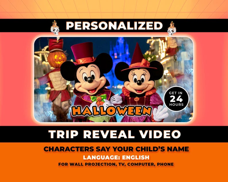 Puede incluir: Imagen promocional con Mickey y Minnie Mouse con disfraces de Halloween. La imagen incluye el texto "PERSONALIZADO", "HALLOWEEN" y "VIDEO DE REVELACI&Oacute;N DE VIAJE". Texto adicional indica "LOS PERSONAJES DICEN EL NOMBRE DE TU HIJO" y "OBTENGA EN 24 HORAS".