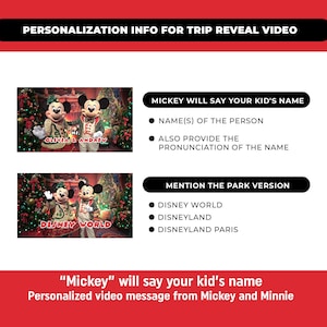 Może przedstawiać: Czerwona grafika z informacjami o spersonalizowanym filmie z Myszki Mickey i Minnie. Tekst zawiera "Informacje personalizacji dla filmu z podr&oacute;ży", "Mickey powie imię Twojego dziecka" i "Wymień wersję parku".