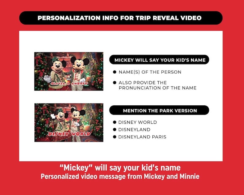 Może przedstawiać: Czerwona grafika z informacjami o spersonalizowanym filmie z Myszki Mickey i Minnie. Tekst zawiera "Informacje personalizacji dla filmu z podr&oacute;ży", "Mickey powie imię Twojego dziecka" i "Wymień wersję parku".