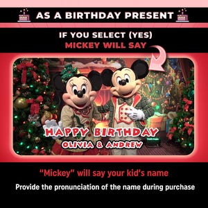 Może przedstawiać: Czerwono-czarna grafika z tekstem "AS A BIRTHDAY PRESENT" i "IF YOU SELECT (YES) MICKEY WILL SAY." Obraz przedstawia Myszki Miki i Minnie z napisem "HAPPY BIRTHDAY OLIVIA & ANDREW."