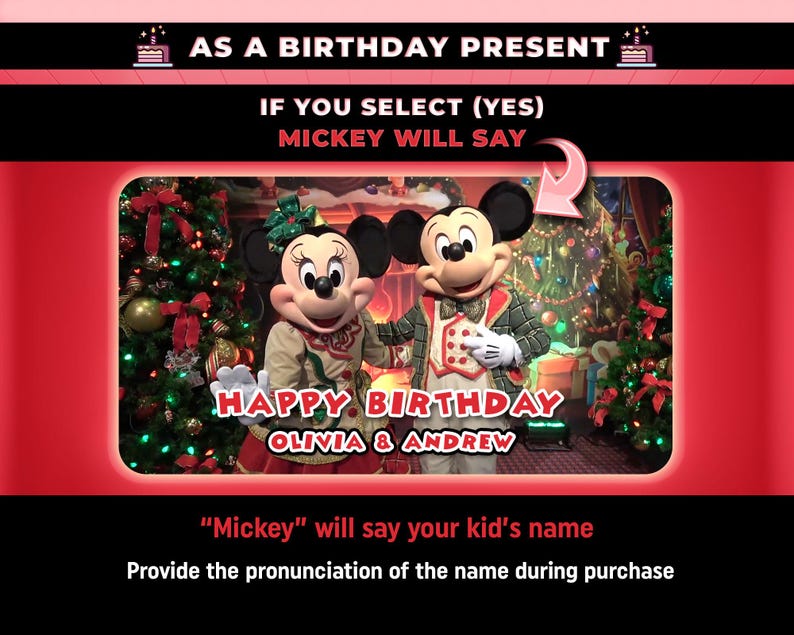 Może przedstawiać: Czerwono-czarna grafika z tekstem "AS A BIRTHDAY PRESENT" i "IF YOU SELECT (YES) MICKEY WILL SAY." Obraz przedstawia Myszki Miki i Minnie z napisem "HAPPY BIRTHDAY OLIVIA & ANDREW."