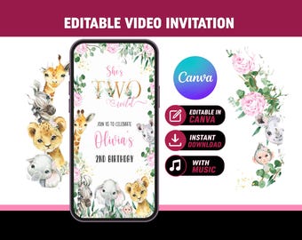 Two Wild Birthday Video Invitation | Girl Safari 2nd Birthday | Editable Canva Template