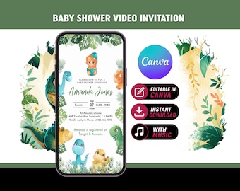 Dinosaur Baby Shower Invitation, Editable Canva Template, Dino Boy Shower