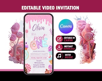 Sweet One Birthday Video Invitation | Candy Pastel Donut Ice Cream Girl | Editable Canva Template