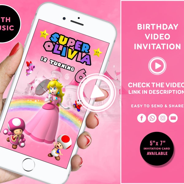 Princess Peach Birthday Invitation Super Mario Princess Invitation Princess Peach Video Invitation Princess peach invite