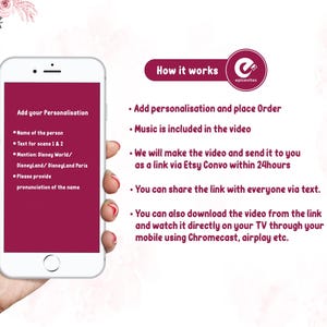 Puede incluir: Un smartphone muestra opciones de personalizaci&oacute;n para un servicio de video, incluyendo nombre, texto y menci&oacute;n de Disney World. La imagen tambi&eacute;n detalla los pasos: pedido, m&uacute;sica, enlace de video y compartir por SMS. El logotipo del servicio es visible.