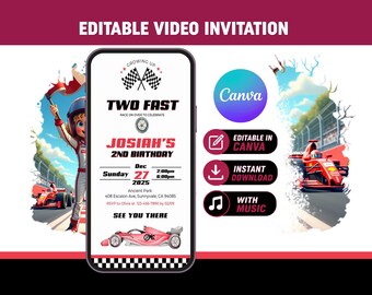 Editable Two Fast Video Invitation | Race Car 2nd Birthday Invite | Canva Template