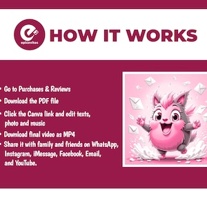 May include: A maroon and white instructional graphic titled HOW IT WORKS with the epicevites logo. It lists five steps for downloading and editing a digital file, featuring an illustration of a pink and gray creature surrounded by white envelopes.