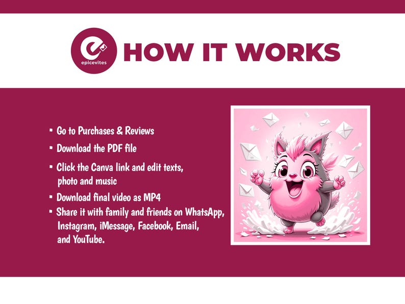 May include: A maroon and white instructional graphic titled HOW IT WORKS with the epicevites logo. It lists five steps for downloading and editing a digital file, featuring an illustration of a pink and gray creature surrounded by white envelopes.