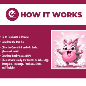 May include: A pink and gray cartoon cat with a big smile is featured in a white frame. The image is on a burgundy background with the text "HOW IT WORKS" and instructions on how to use the product.