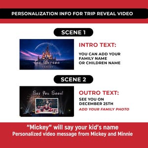 May include: A digital template for a personalized trip reveal video featuring two scenes. Scene 1 shows a castle with fireworks and text for a family name. Scene 2 displays a photo frame with fireworks and text for a date. Includes instructions for customization.