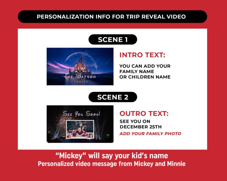May include: A digital template for a personalized trip reveal video featuring two scenes. Scene 1 shows a castle with fireworks and text for a family name. Scene 2 displays a photo frame with fireworks and text for a date. Includes instructions for customization.