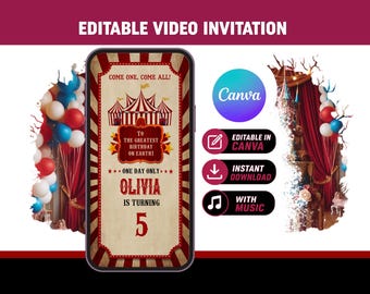 Invitation vidéo d'anniversaire de carnaval, invitation de cirque vintage, modèle de toile modifiable