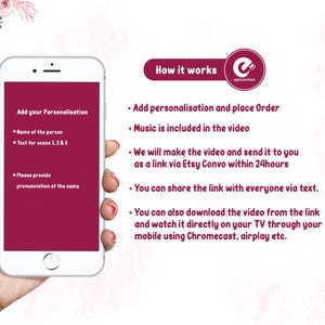 May include: A smartphone displays instructions for personalizing a video, including name and text options. The image also shows the "How it works" steps, with the logo of "epicevites".