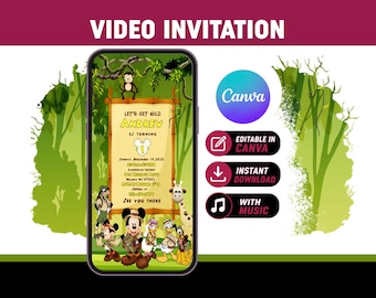 Mickey Safari Birthday Invitation Video | 1st Birthday Invite | Editable Canva Template