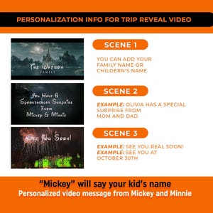 Puede incluir: Gr&aacute;fico naranja con informaci&oacute;n sobre un mensaje de video personalizado de Mickey y Minnie. El texto incluye "Informaci&oacute;n de personalizaci&oacute;n para el video de revelaci&oacute;n del viaje", "The Watson Family" y ejemplos de escenas personalizables.