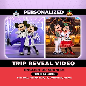 Vídeo personalizado de revelación de viaje sorpresa, mensaje personalizado de Mickey y Minnie Mouse, revelación de viaje sorpresa navideño, revelación de viaje mágico