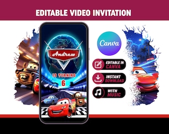 Cars Birthday Video Invitation | Lightning McQueen Invite | Editable Canva Template