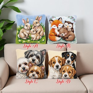 May include: Four decorative cushions with animal designs. Style A shows three rabbits in a field. Style B features a fox, bear, and owl. Style C has three dogs, and Style D has four puppies. Each cushion has the style name printed on it.