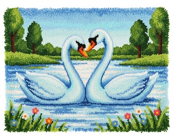Swan Heart Latch Hook Kits DIY Rug Making Kit Pre-Printed Canvas 75x55cm