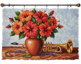 Hibiscus Flower Latch Hook Kits DIY Rug Making Kit Pre-Printed Canvas 102x69cm