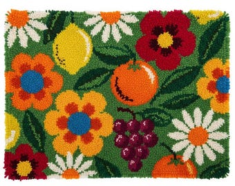 Kits de gancho de pestillo de frutas y flores retro para hacer alfombras DIY, lienzo preimpreso de 75 x 55 cm