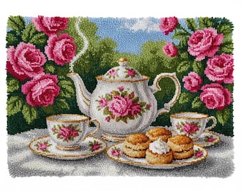 Afternoon Tea Latch Hook Kits DIY Rug Making Kit Pre-Printed Canvas 75x55cm