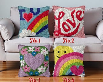 Love Rainbow Latch Hook Pillow Kit, DIY Crochet Cushion (43x43cm)