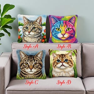 May include: Four decorative throw pillows with cat portraits. Styles include a realistic tabby cat, a colorful rainbow cat, and two other cat designs. Each pillow has the style name printed on it.