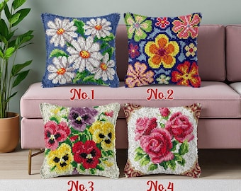 Latch Hook Pillow Kit: Daisy, Rose & Pansy Flowers (43x43cm)