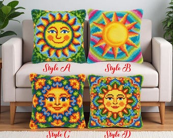 Psychedelic Sun Face Latch Hook Kit Rainbow Mandala Pillow Cover