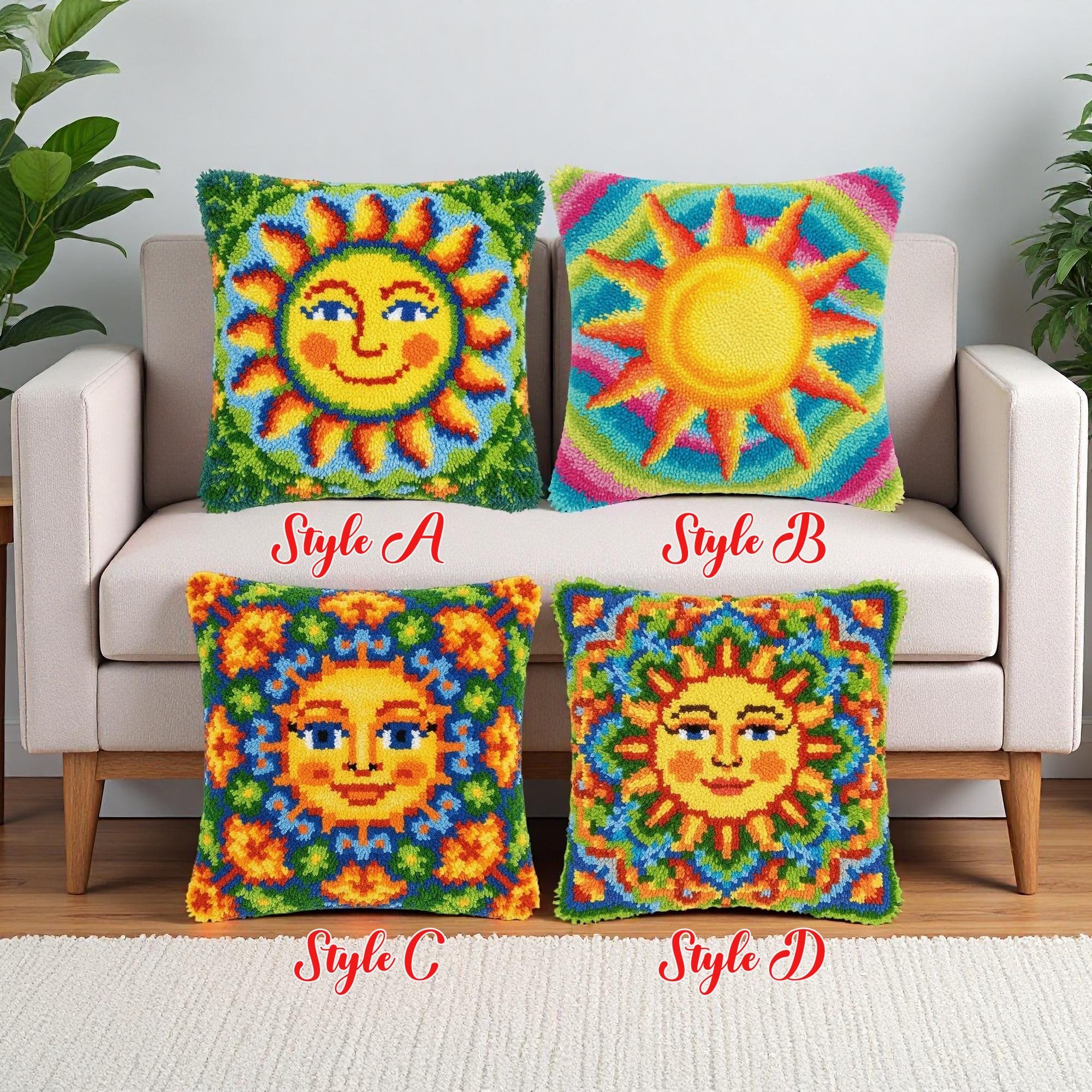 Psychedelic Sun Face Latch Hook Kit Rainbow Mandala Pillow Cover