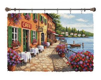 Lakeside Cafe Street Latch Hook Kits DIY Rug Making Kit Pre-Printed Canvas 102x69cm