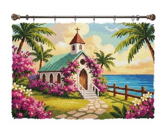 Seaside Chapel Latch Hook Kits DIY Rug Making Kit Pre-Printed Canvas 102x69cm