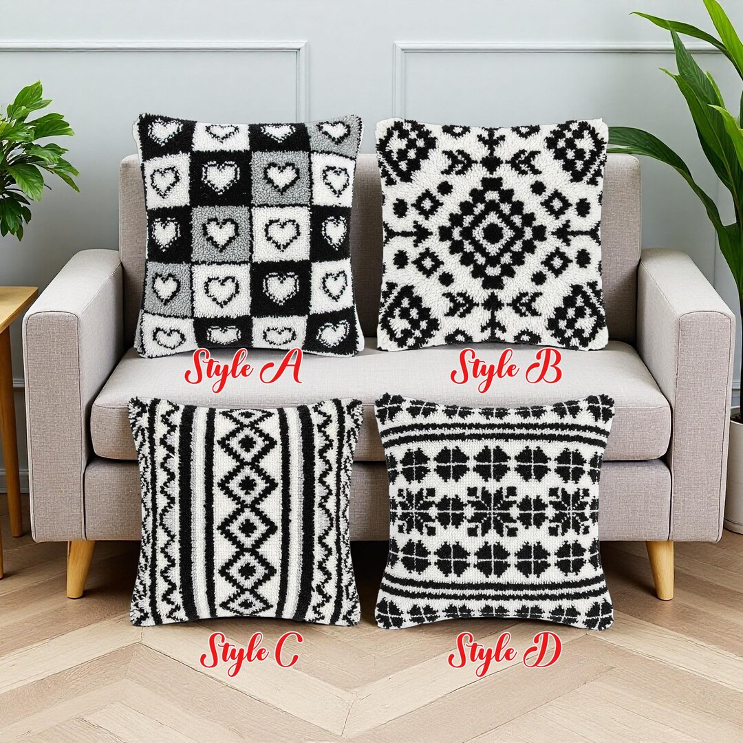 Black White Heart Latch Hook Kit Checkerboard Pattern Pillow Cover